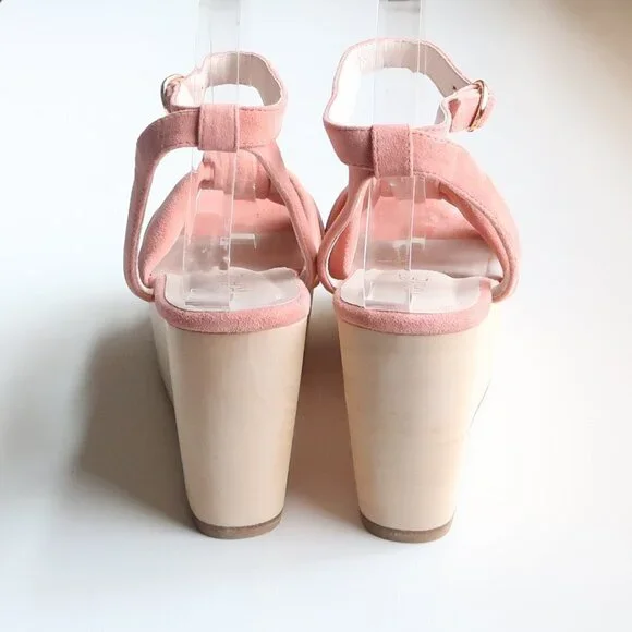 Revolve RAYE Faye Peach Suede Leather Wooden Platform Wedge Ankle Strap Sandals